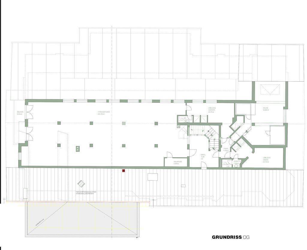 Grundriss des Obergeschosses mit mehreren Zimmern, einem großen offenen Bereich und Balkonzugang.