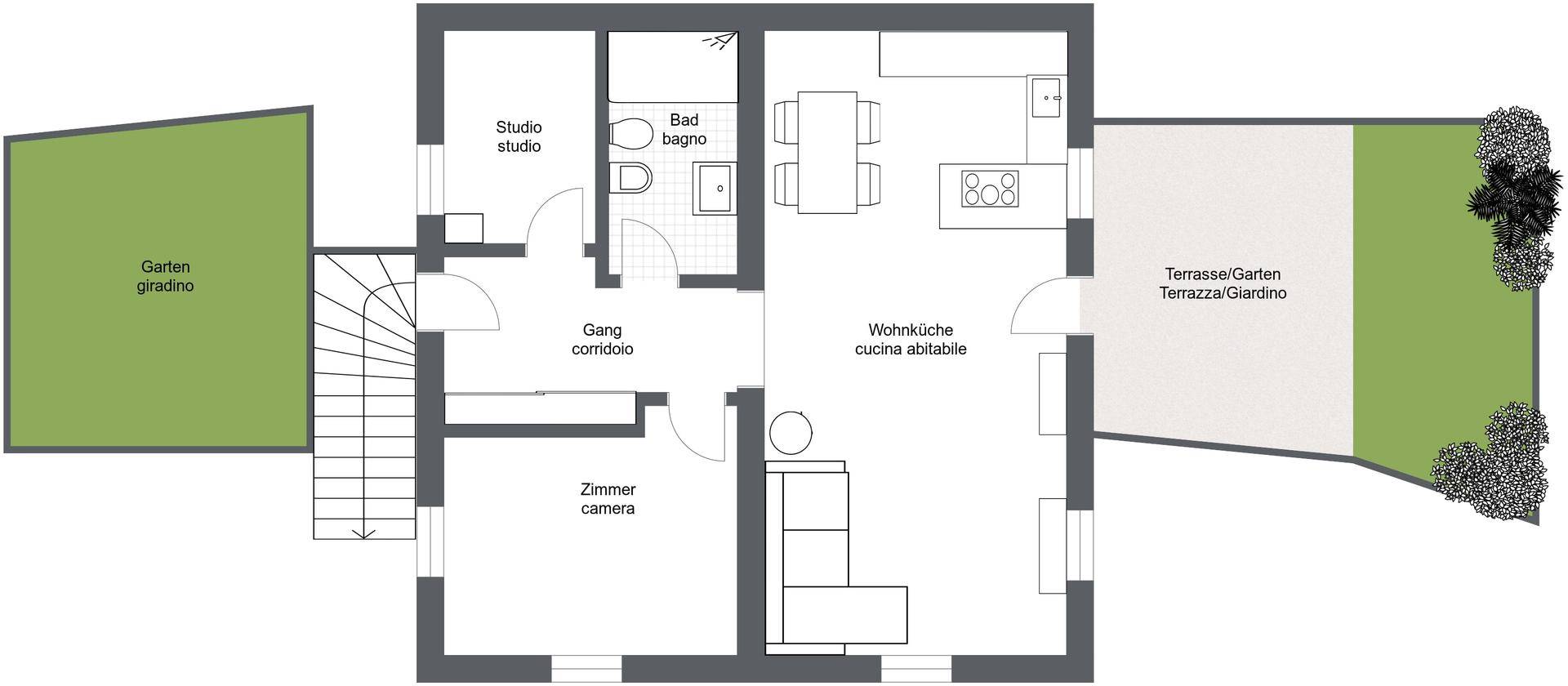 Grundriss zeigt eine Wohnküche, ein Studio, ein Zimmer, ein Bad und Zugang zu Terrasse und Garten.