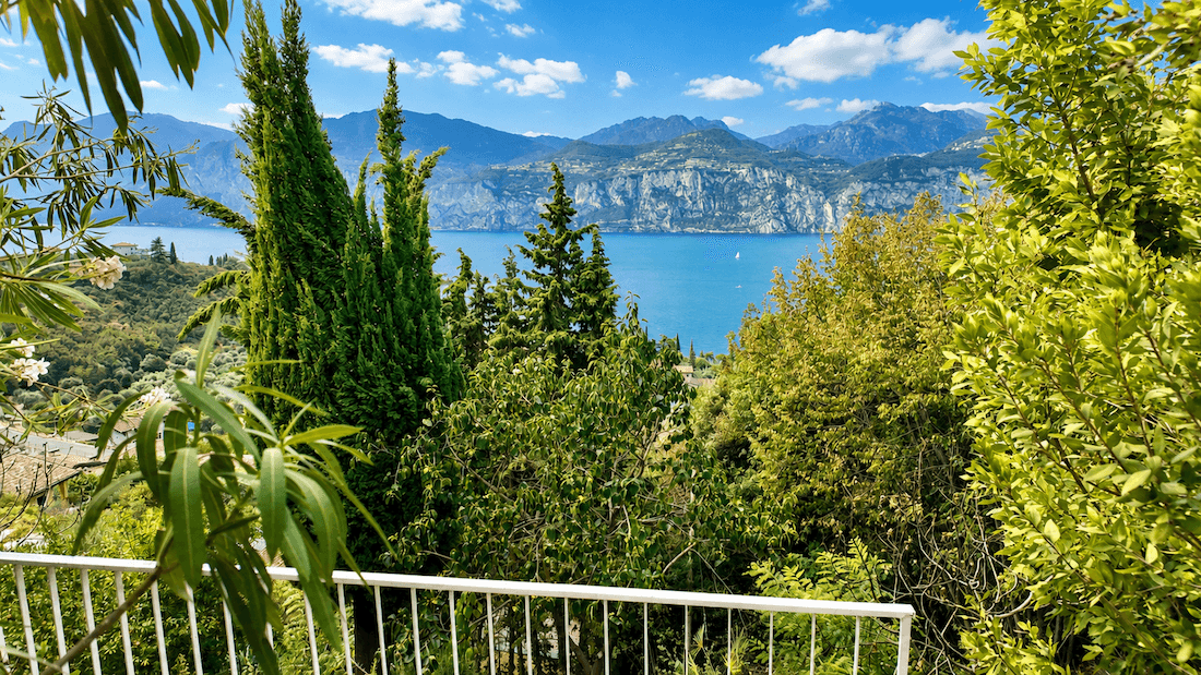Malerischer Blick auf den Gardasee und die Berge, umrahmt von üppigem Grün und hohen Bäumen.