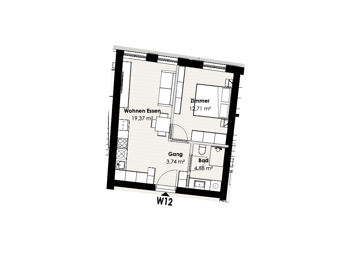 Grundriss einer Wohneinheit mit offenem Wohn-Essbereich, Schlafzimmer und Bad.
