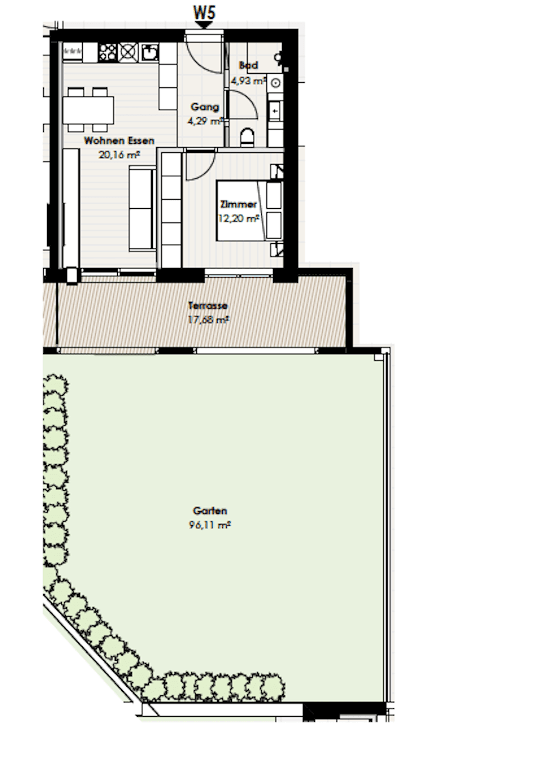 Grundriss der Wohnung W5 mit Wohn-Essbereich, Zimmer, Bad, Terrasse und Garten.