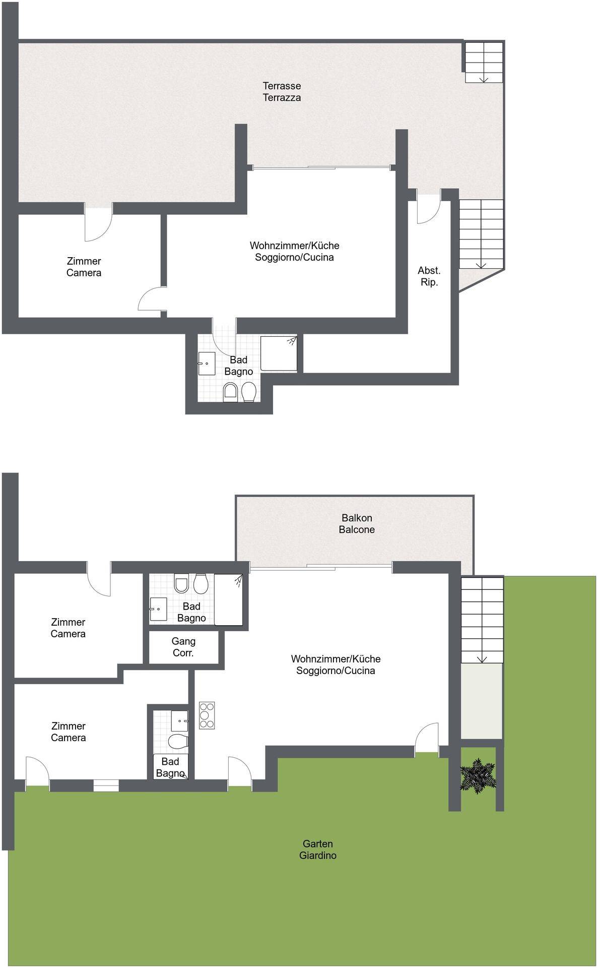 Zwei Grundrisse zeigen verschiedene Ebenen mit Wohnzimmer, Küche, Schlafzimmern, Bädern, Terrasse und Garten.