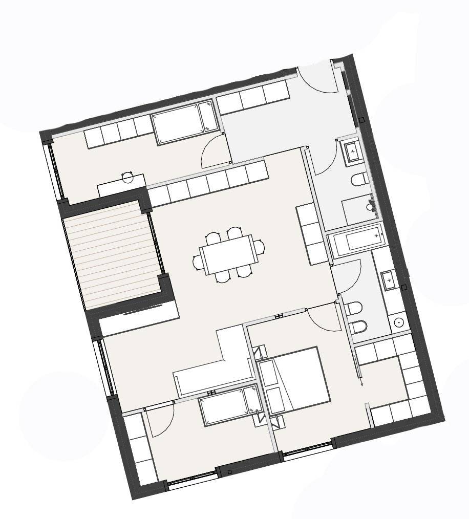 Übersichtlicher Grundriss einer Wohnung mit mehreren Zimmern, Bädern und einem offenen Wohnbereich.