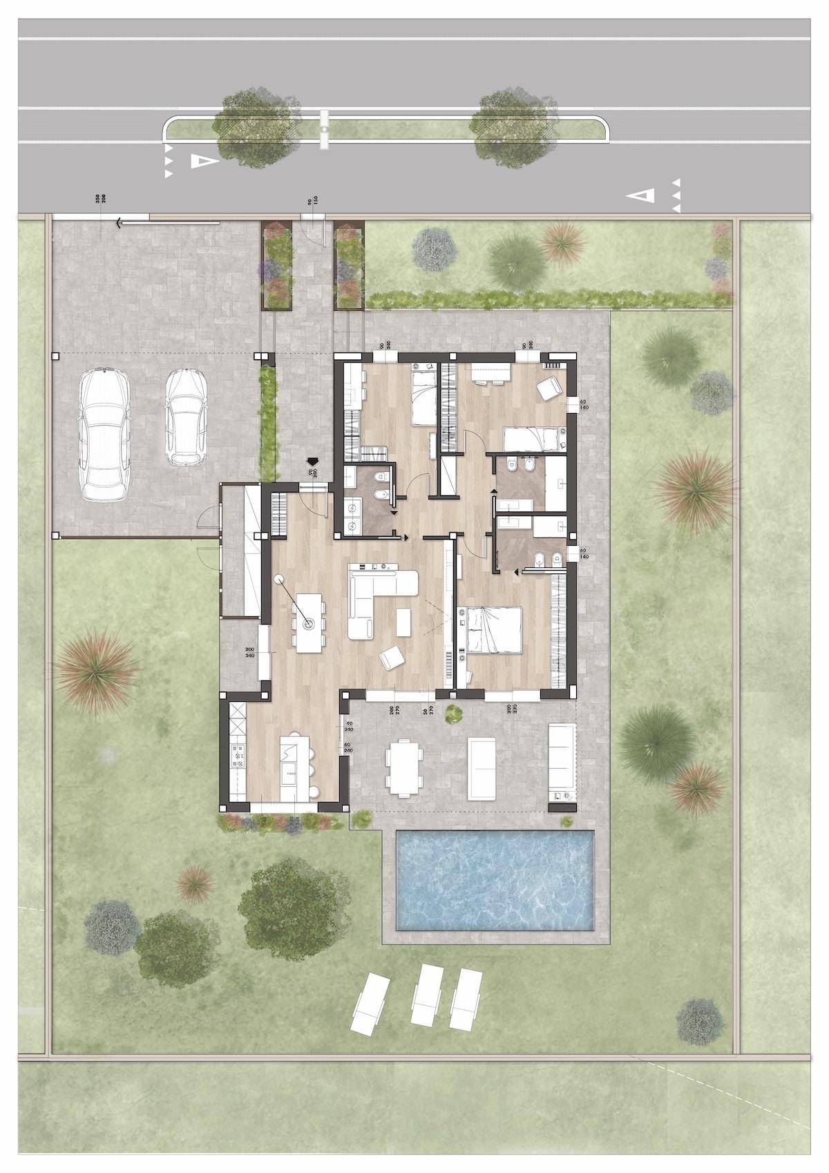 Detaillierter Grundriss einer modernen Villa mit Pool, Terrasse und Doppelgarage.