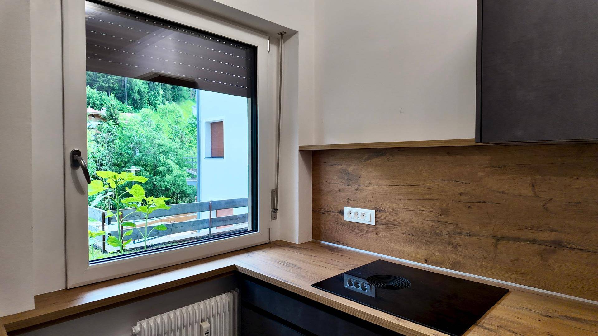 Küchenbereich mit Induktionskochfeld, Holzarbeitsplatte und Fenster, das einen Blick ins Grüne bietet.