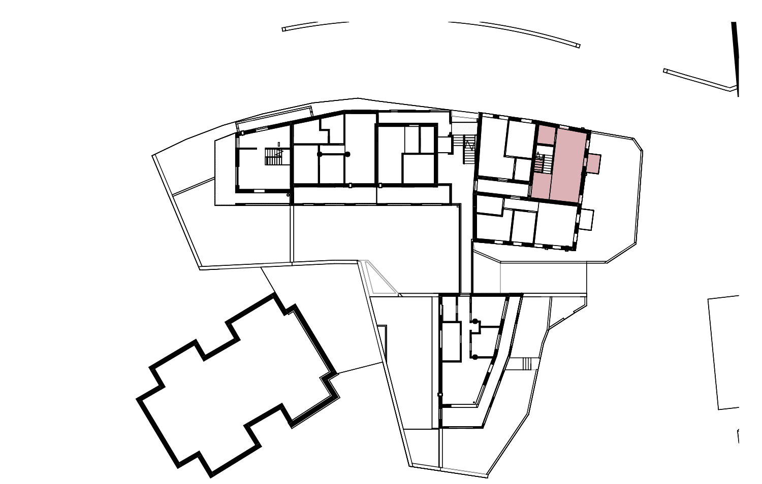 Übersichtsgrundriss des Gebäudes mit hervorgehobener Wohneinheit im Obergeschoss.