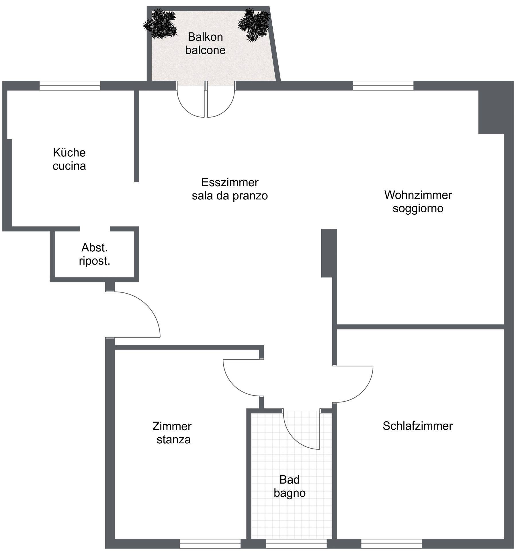 Grundriss der Wohnung mit Küche, Esszimmer, Wohnzimmer, Schlafzimmer und Bad.