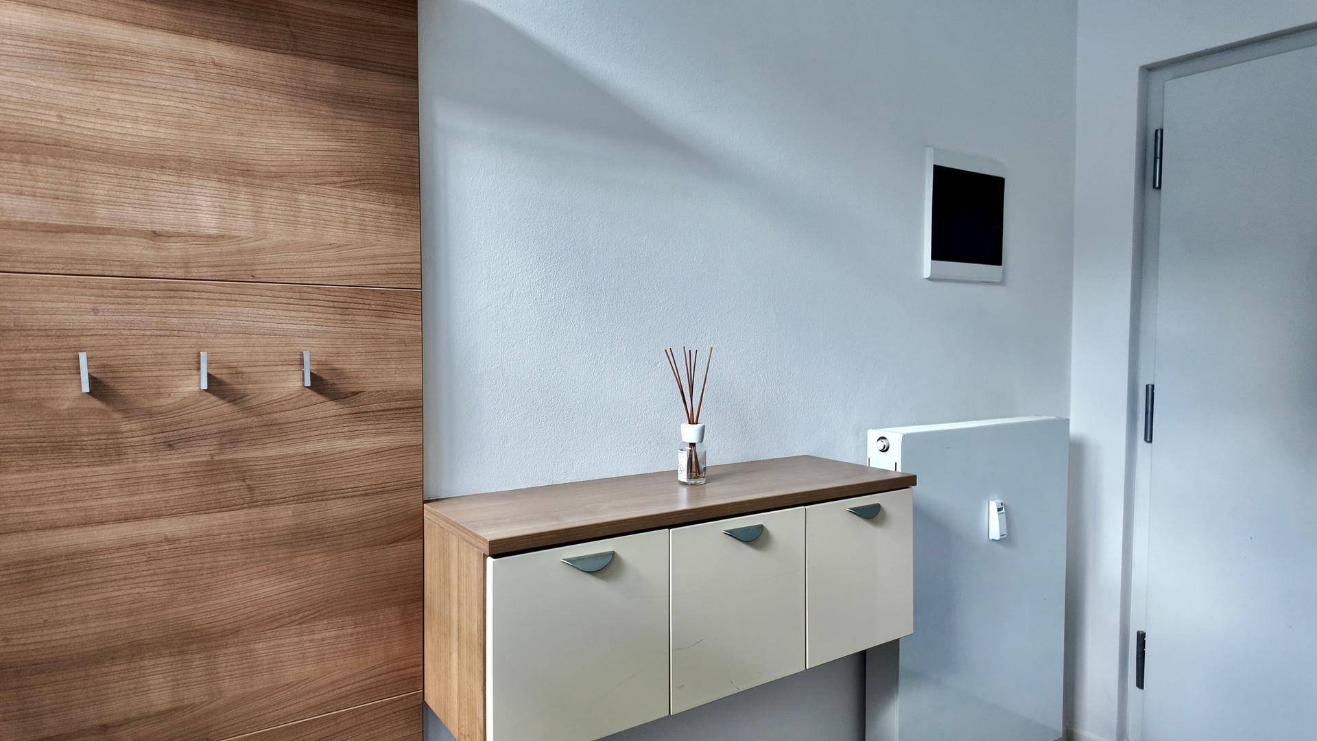 Moderner Flur mit Holzverkleidung, Schuhschrank und Heizkörper an der Wand.