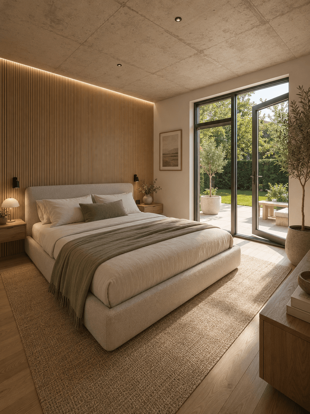 Helles Schlafzimmer mit Holzwand, Doppelbett und direktem Zugang zur Terrasse oder Gartenbereich.