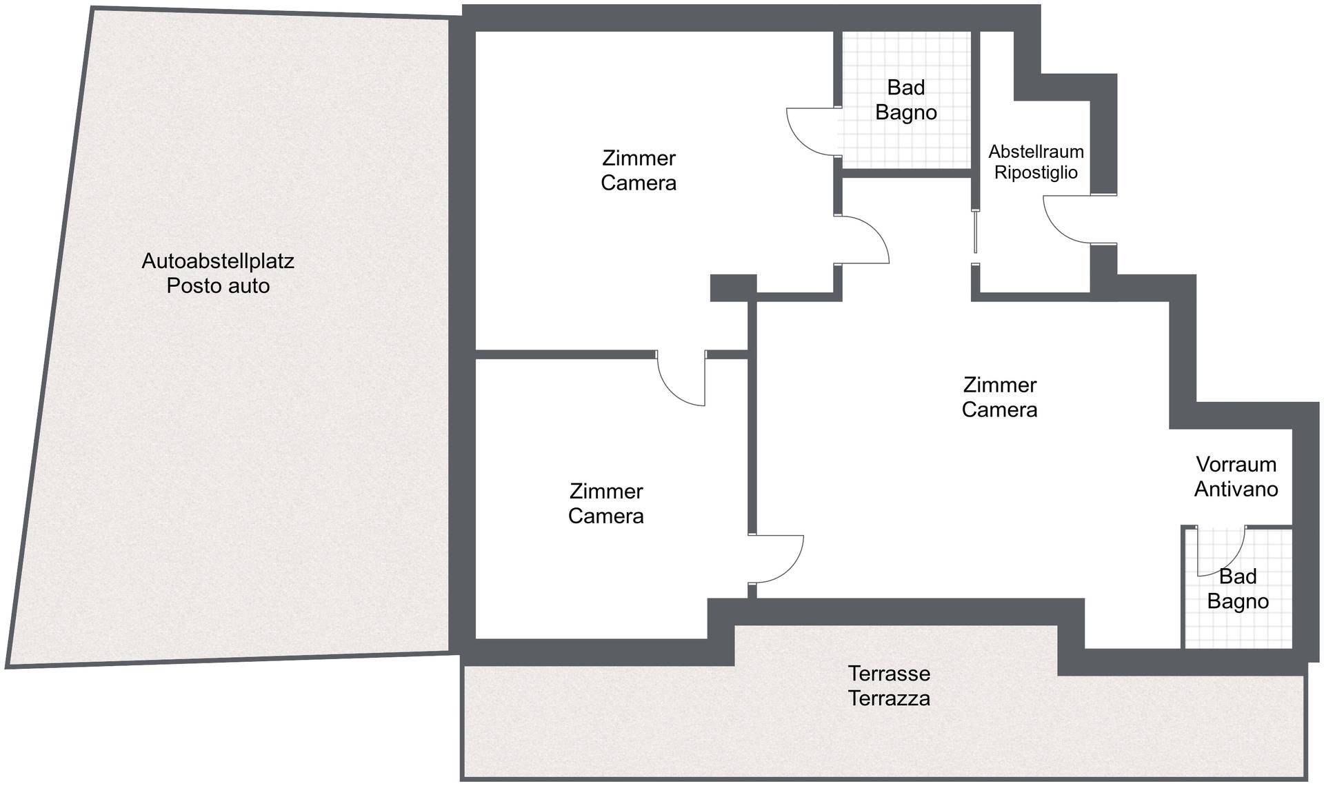 Grundriss mit mehreren Zimmern, zwei Bädern, Abstellraum, Vorraum, Terrasse und Autoabstellplatz.