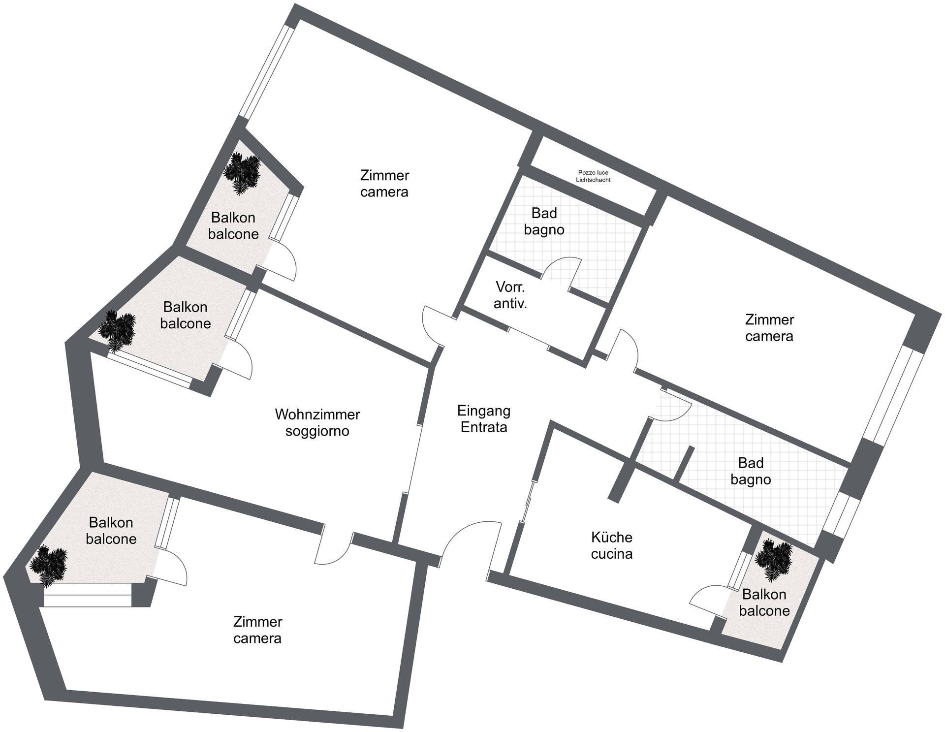 Grundriss der Wohnung mit mehreren Zimmern, Bädern und Balkonen.