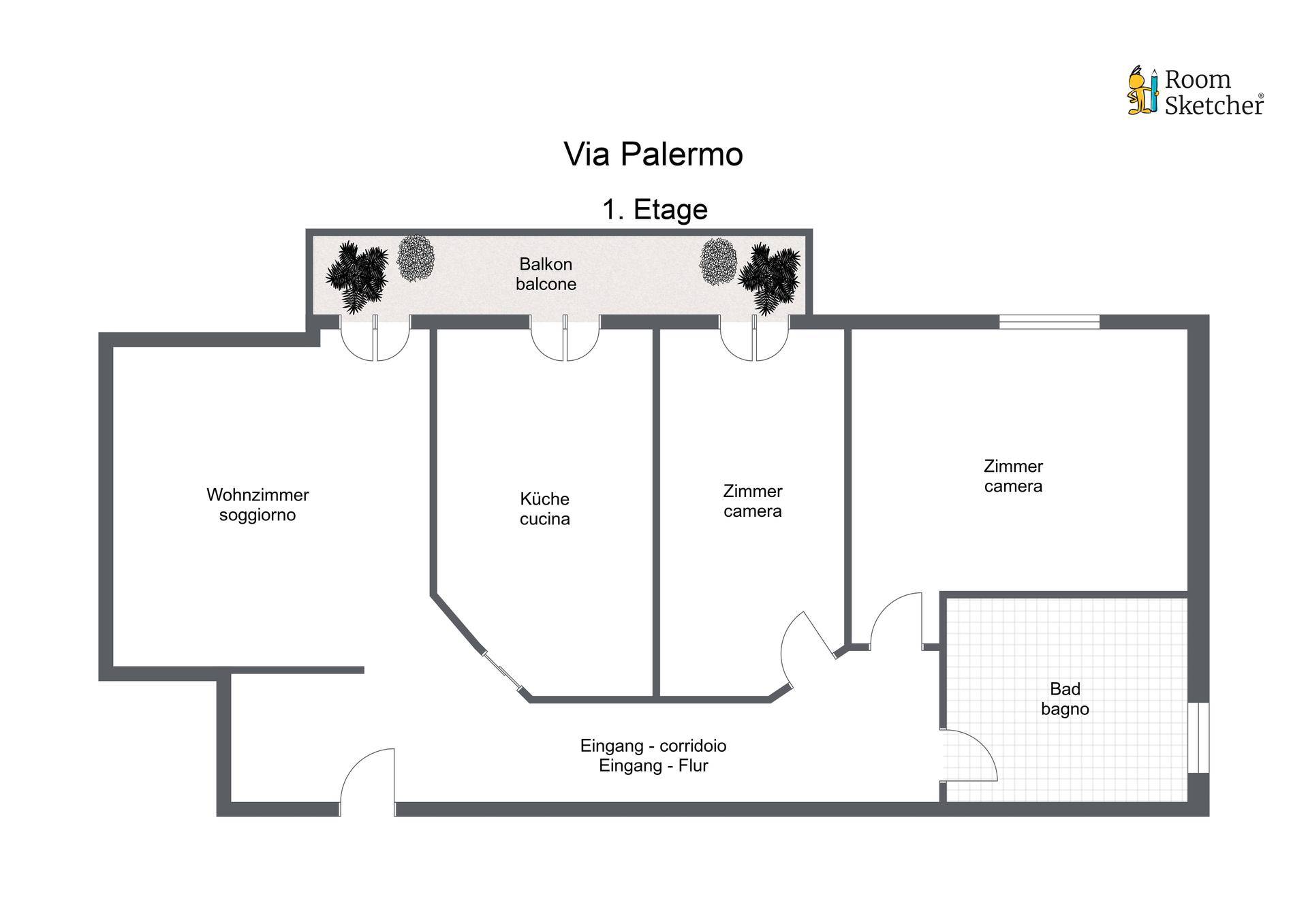 Grundriss der ersten Etage mit Wohnzimmer, Küche, zwei Zimmern und Bad.