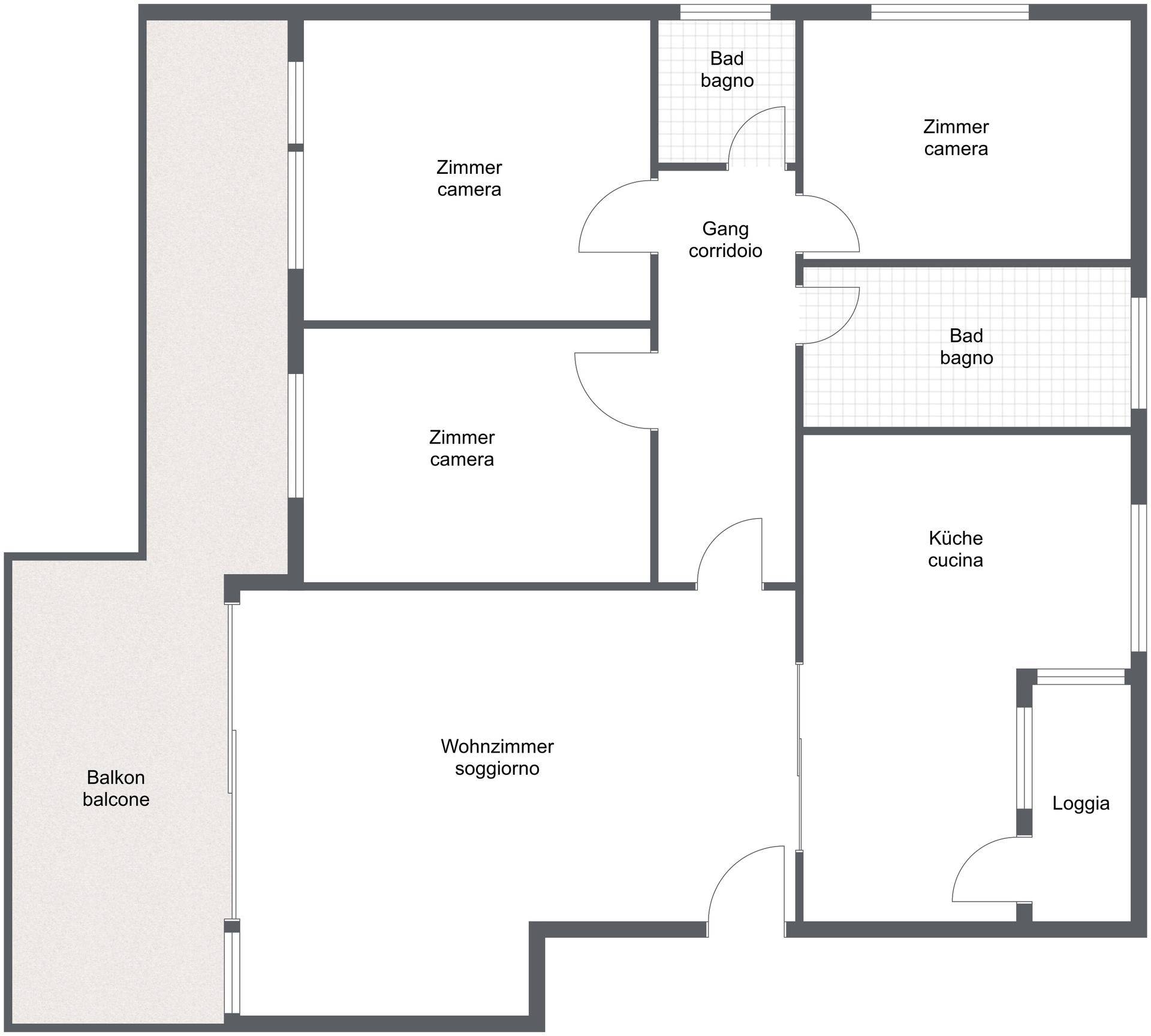 Grundriss der Wohnung mit Wohnzimmer, Küche, drei Zimmern, zwei Bädern und Balkon.