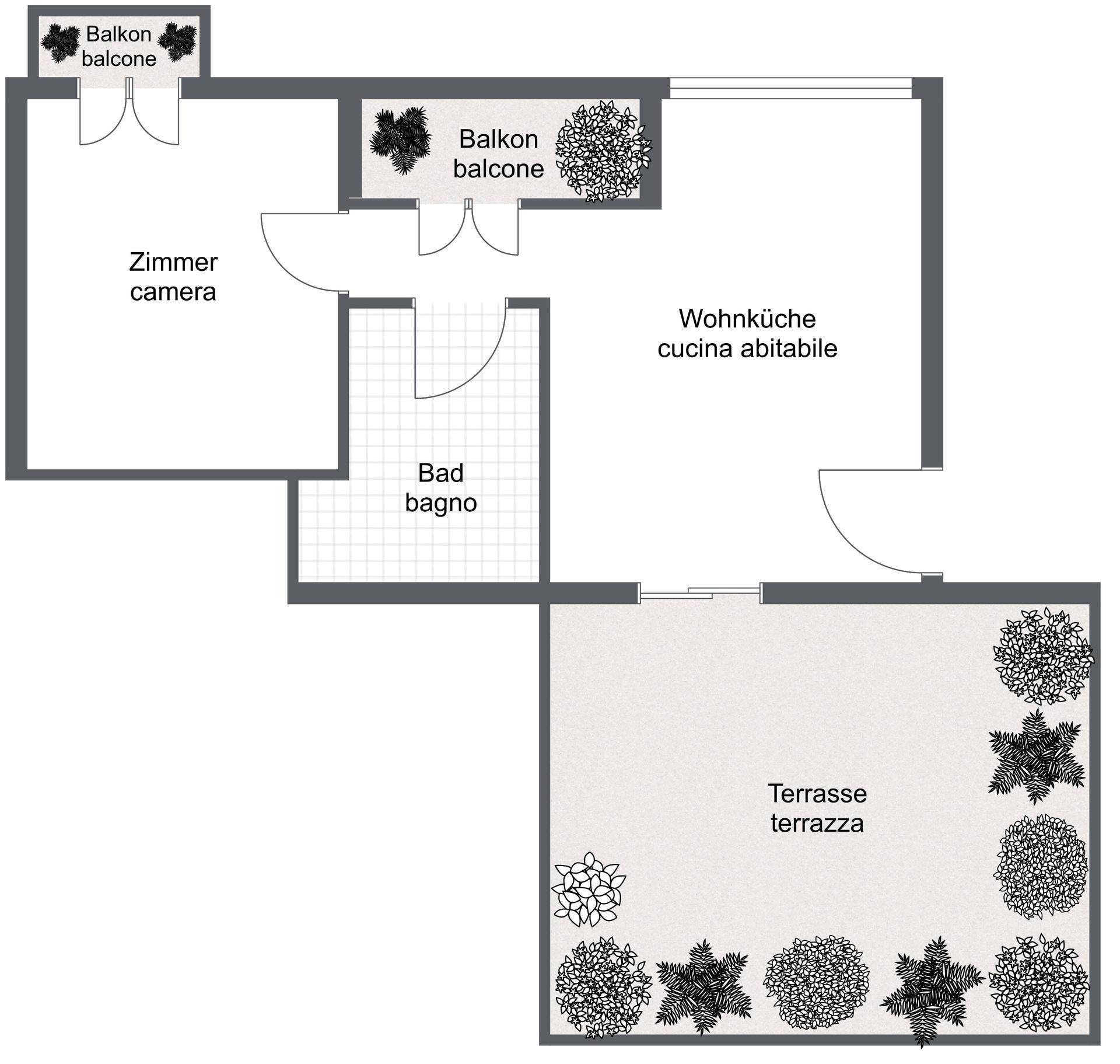 Grundriss mit Zimmer, Bad, Wohnküche, zwei Balkonen und einer großen Terrasse.