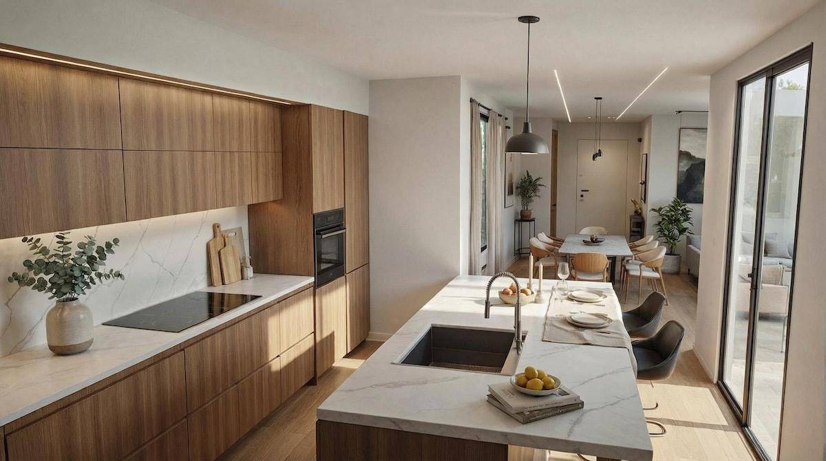 Moderne Holzküche mit Kochinsel, integrierten Geräten und offenem Übergang zum Essbereich.