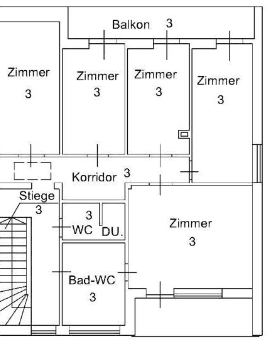Grundriss des zweiten Obergeschosses mit mehreren Zimmern, Bad-WC, separatem WC und Korridor.
