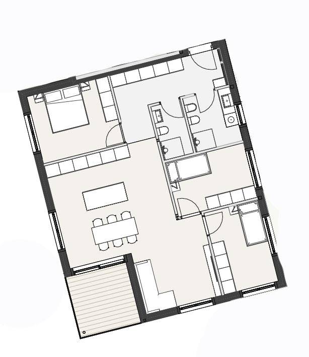 Detaillierter Grundriss einer Wohnung mit offenem Wohnbereich, zwei Schlafzimmern und zwei Bädern.