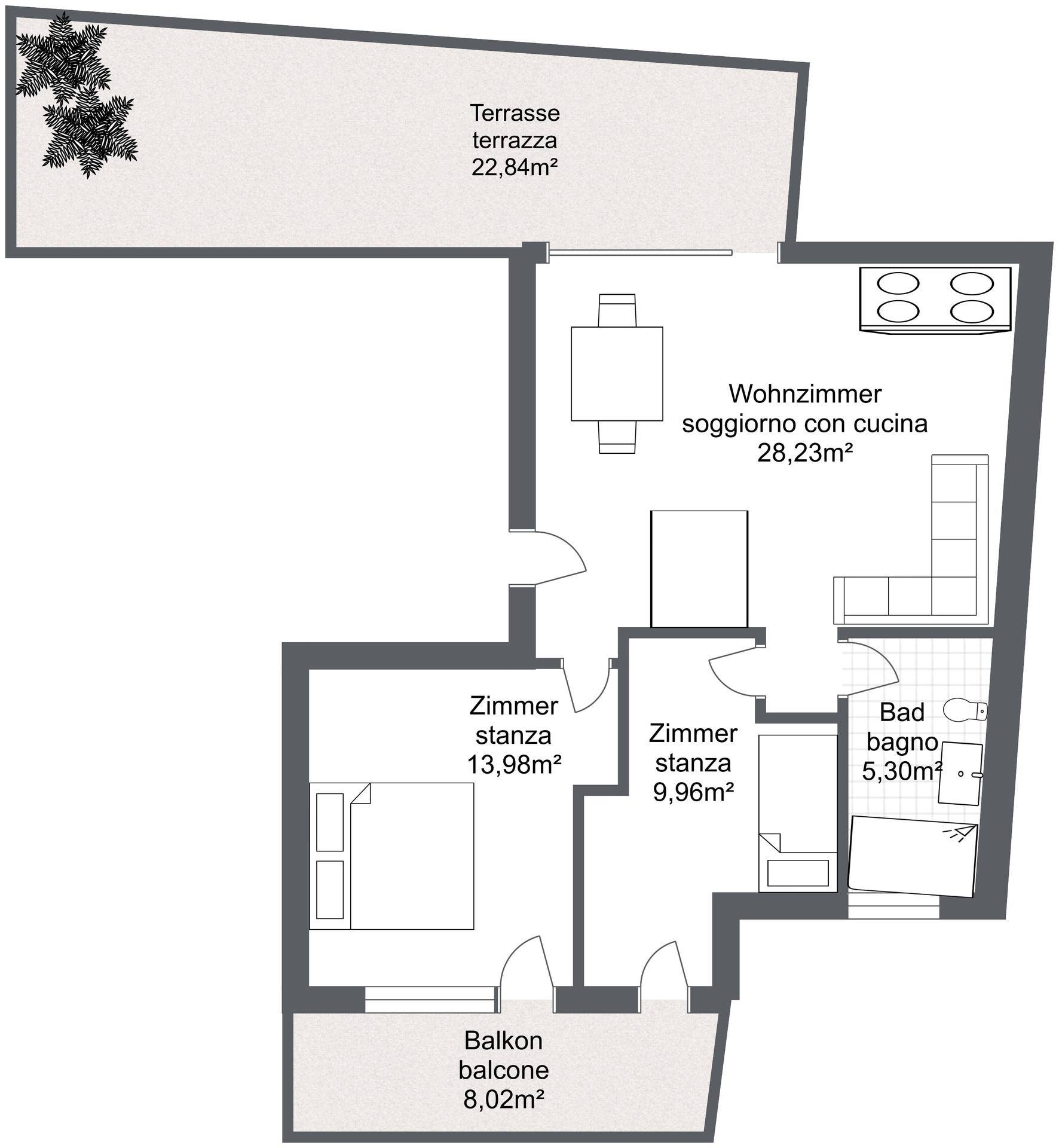 Grundriss zeigt eine Wohnung mit zwei Schlafzimmern, offenem Wohnbereich, einem Badezimmer, Balkon und Terrasse.