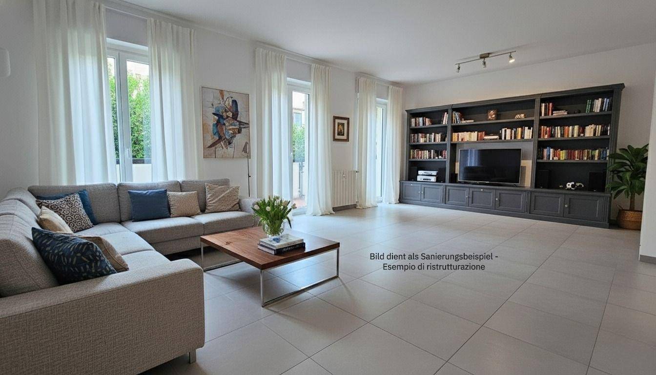 Geräumiges Wohnzimmer mit großem Ecksofa, Bücherregal und mehreren Fenstern mit Balkonzugang, hell und modern.