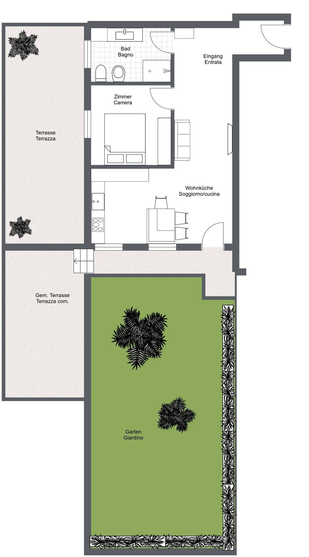 Grundriss mit Wohnküche, Schlafzimmer, Bad, Eingang, Terrasse und Gartenbereich.