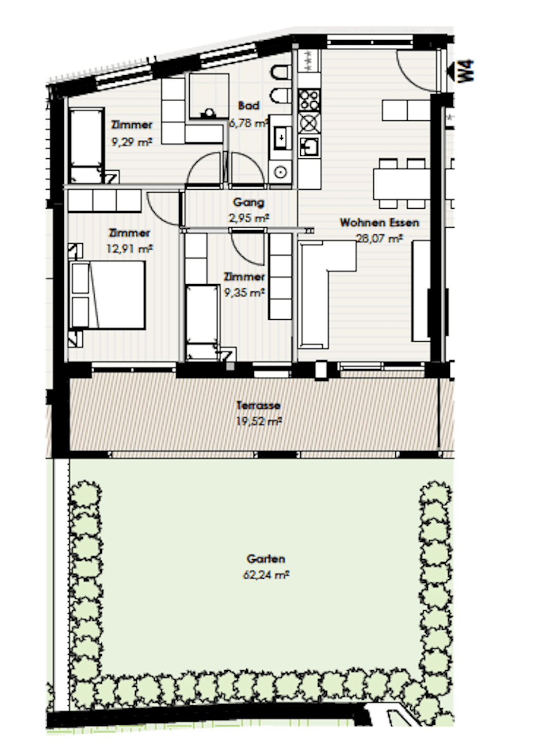 Detaillierter Grundriss einer Wohnung mit drei Zimmern, Bad, Wohn-Essbereich, Terrasse und Garten.