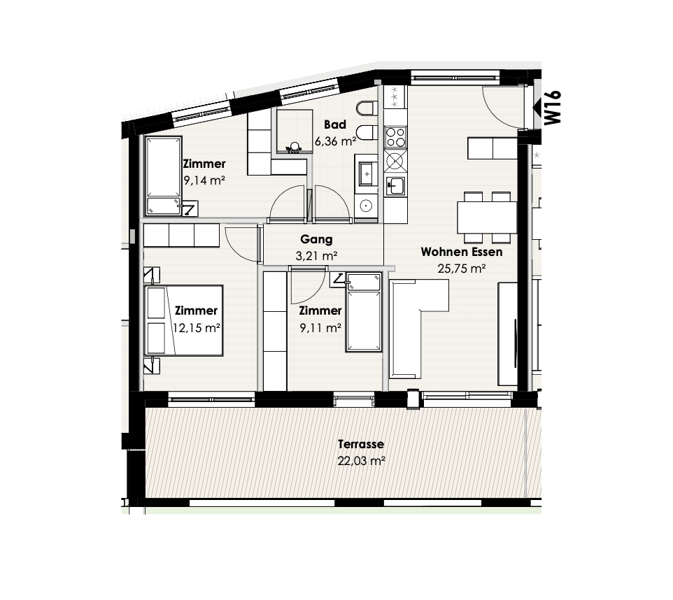 Detaillierter Grundriss einer Wohnung mit drei Zimmern, Bad und großer Terrasse.