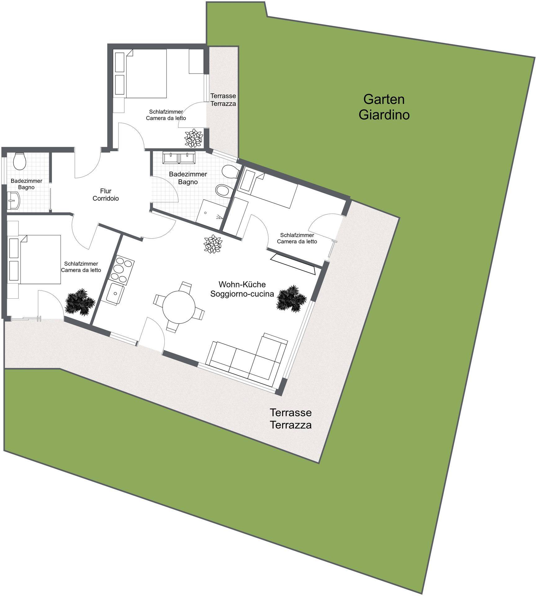 Grundriss einer Wohnung mit drei Schlafzimmern, offener Wohnküche und zwei Terrassen sowie Garten.