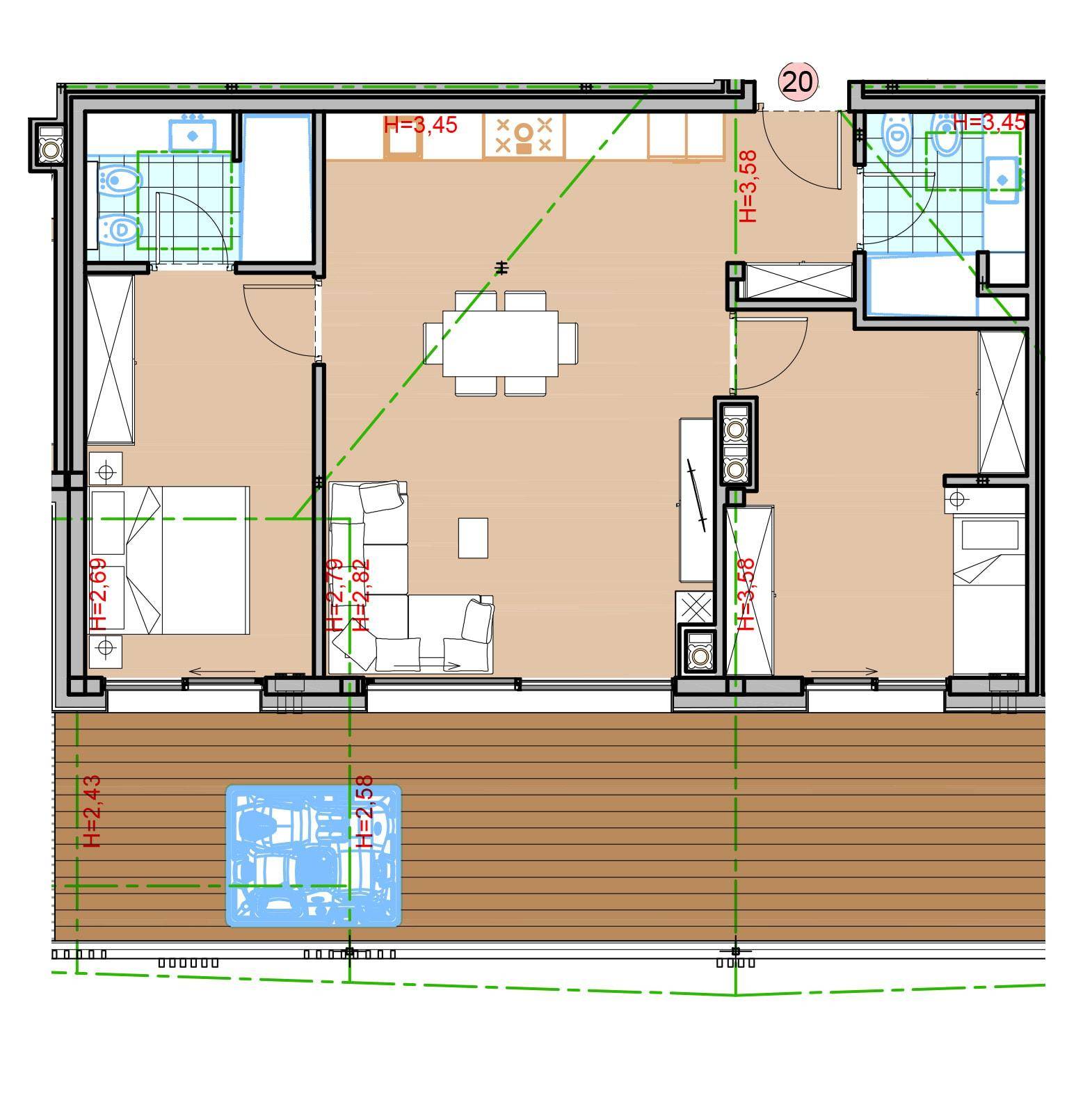 Grundriss einer Wohnung mit offenem Wohnbereich, zwei Bädern und großer Terrasse mit Whirlpool.