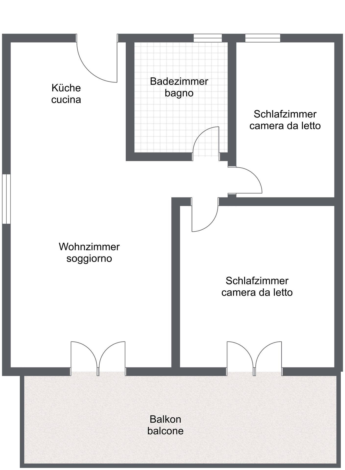Grundriss einer Wohnung mit zwei Schlafzimmern, einem Badezimmer, Küche, Wohnzimmer und Balkon.
