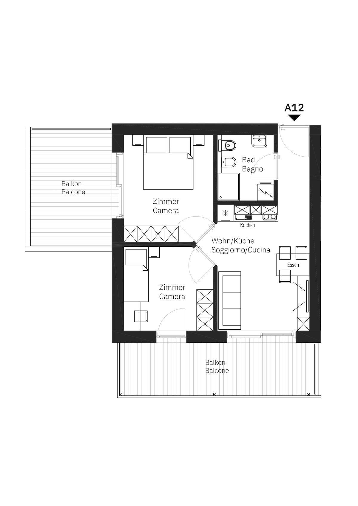 Grundriss der Wohnung A12 mit zwei Schlafzimmern, offenem Wohnbereich und zwei Balkonen.