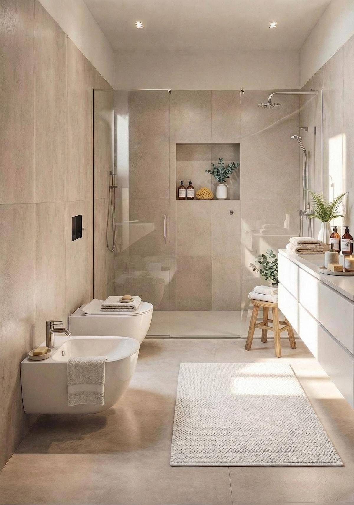 Modernes Badezimmer in neutralen Tönen mit begehbarer Dusche, Bidet und schwebendem Waschtisch.