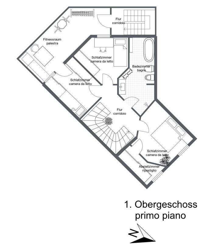 Grundriss des ersten Obergeschosses mit Schlafzimmern, Badezimmer und Fitnessraum.