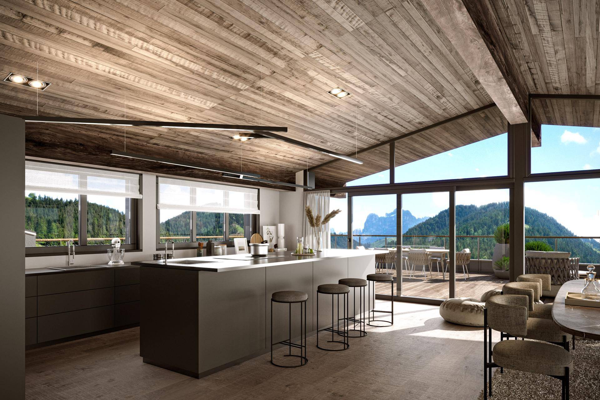 Moderne offene Küche mit Kücheninsel, Holzbalkendecke und Panoramafenstern mit Bergblick.