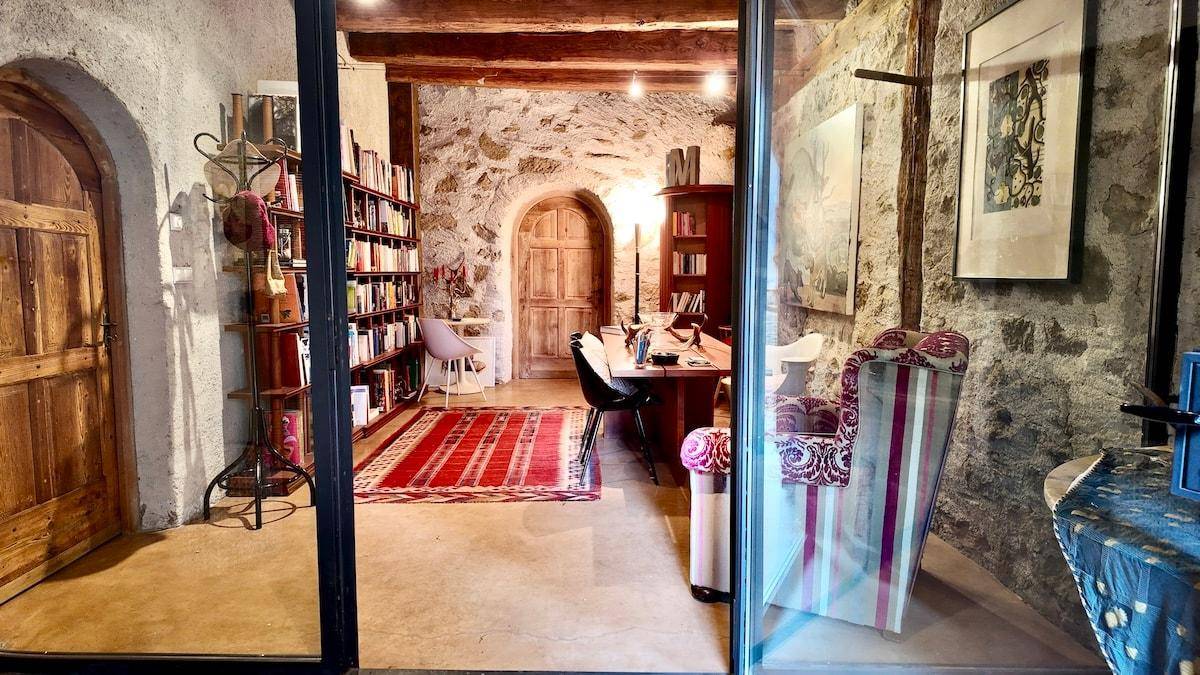 Geräumiger Wohnbereich mit Steinwänden, Bücherregalen, einem Schreibtisch und einem auffälligen Sessel, durch Glas abgetrennt.