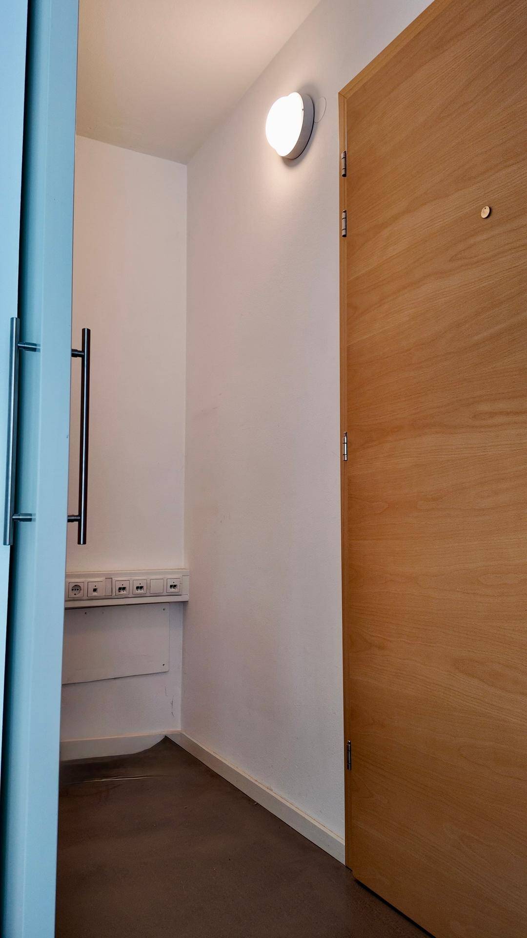 Heller Eingangsbereich mit einer Holztür, weißen Wänden und einer modernen Wandleuchte.