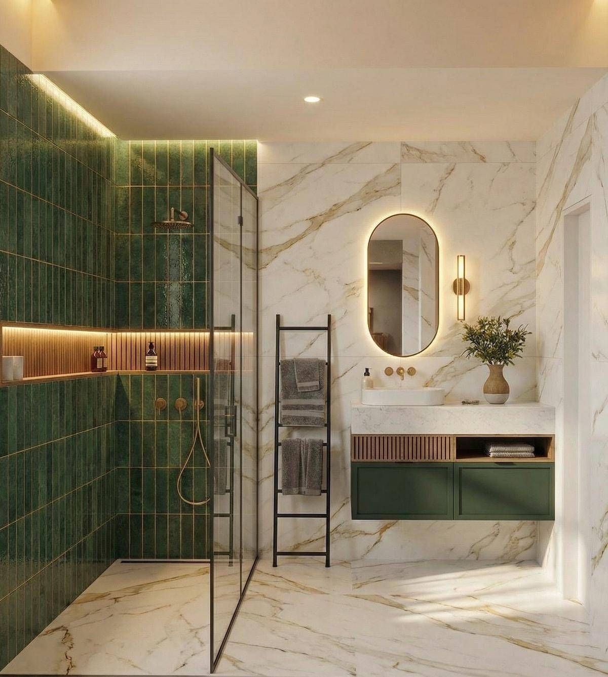 Luxuriöses Badezimmer mit grünen Fliesen, Marmoroberflächen und einer modernen begehbaren Dusche.