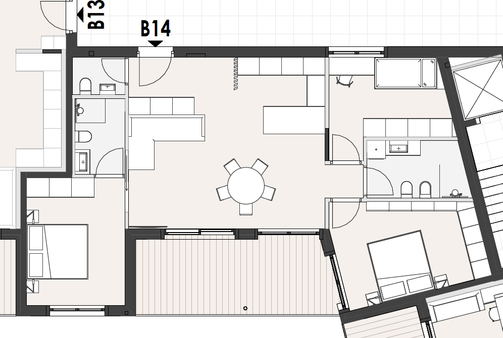 Übersichtlicher Grundriss mit offenem Wohnbereich, zwei Bädern und Zugang zu einem Balkon.