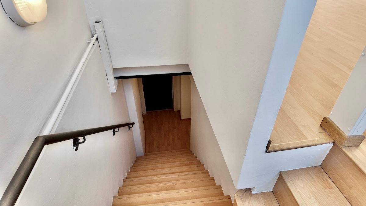 Holztreppe mit schwarzem Geländer führt in einen unteren Bereich des Gebäudes.