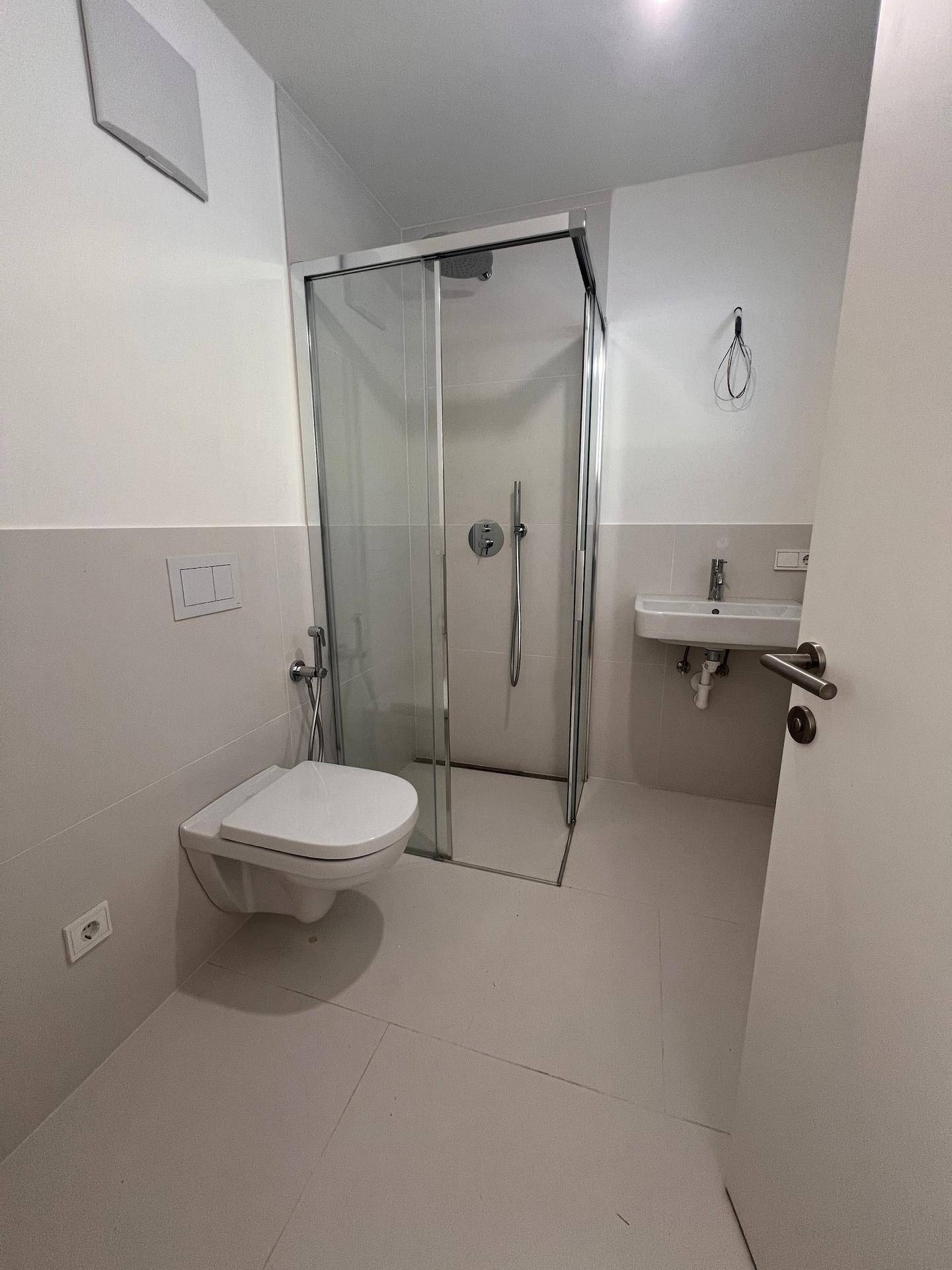 Helles Badezimmer mit Duschkabine, wandhängendem WC und modernem Einzelwaschbecken.