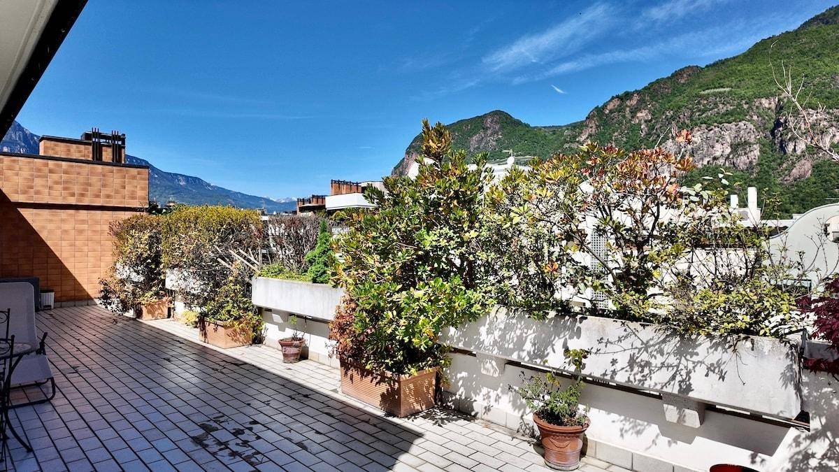 Große Dachterrasse mit vielen Pflanzen und Panoramablick auf die Berge.