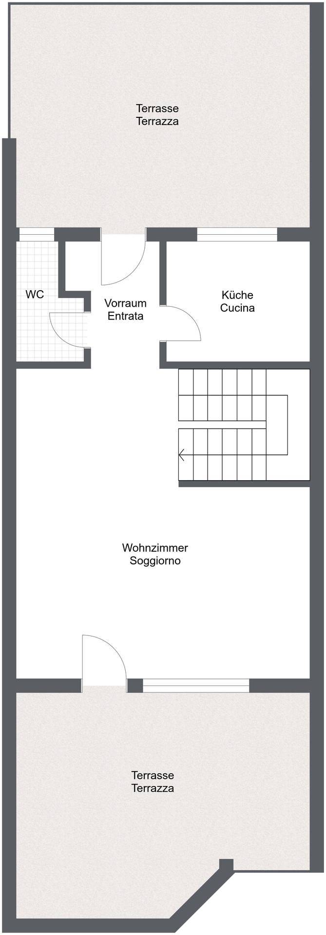 Grundriss des Erdgeschosses mit Wohnzimmer, Küche, WC und zwei Terrassen.