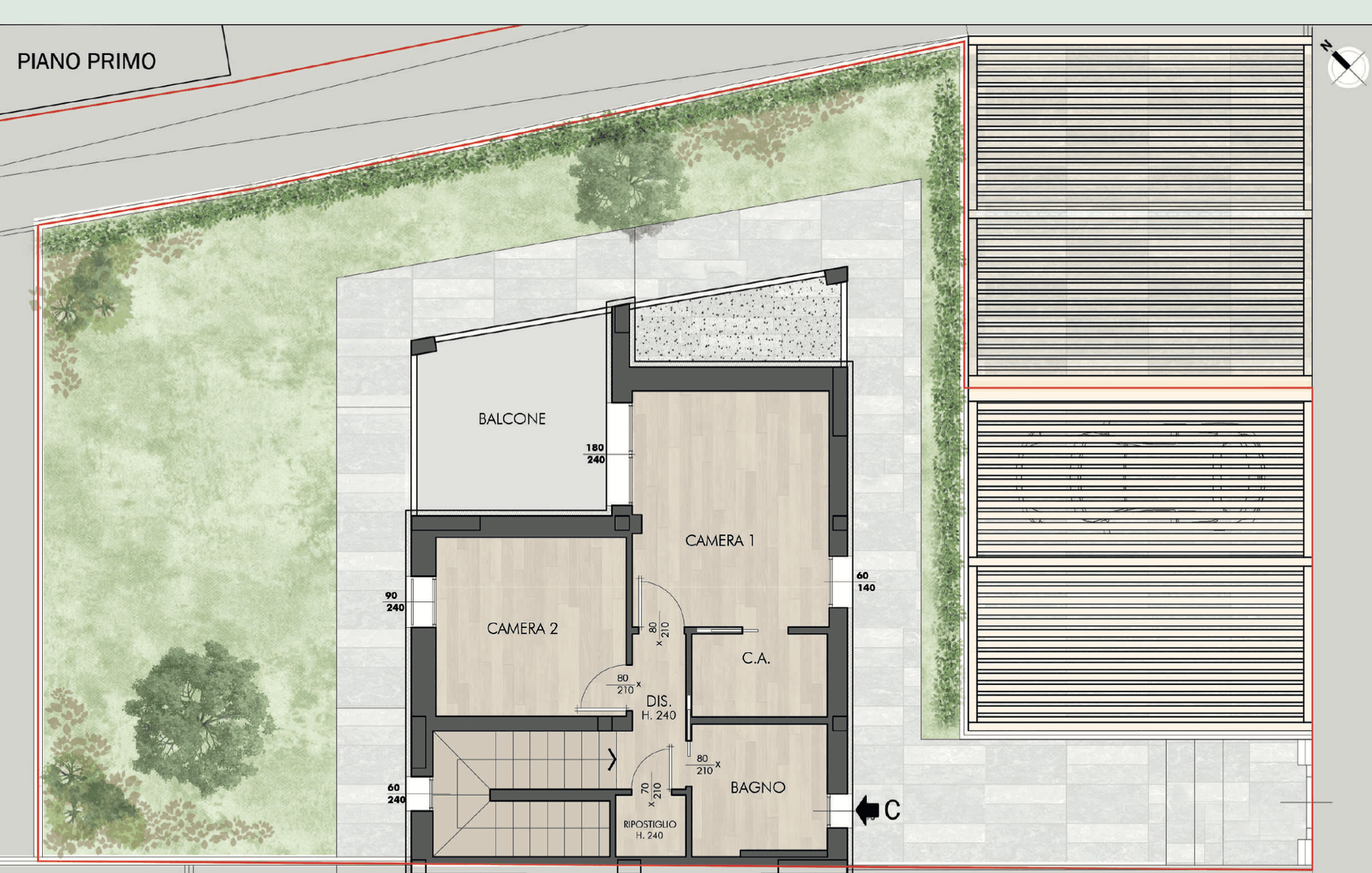 Grundriss des ersten Stocks mit zwei Schlafzimmern, Balkon und Badezimmer.