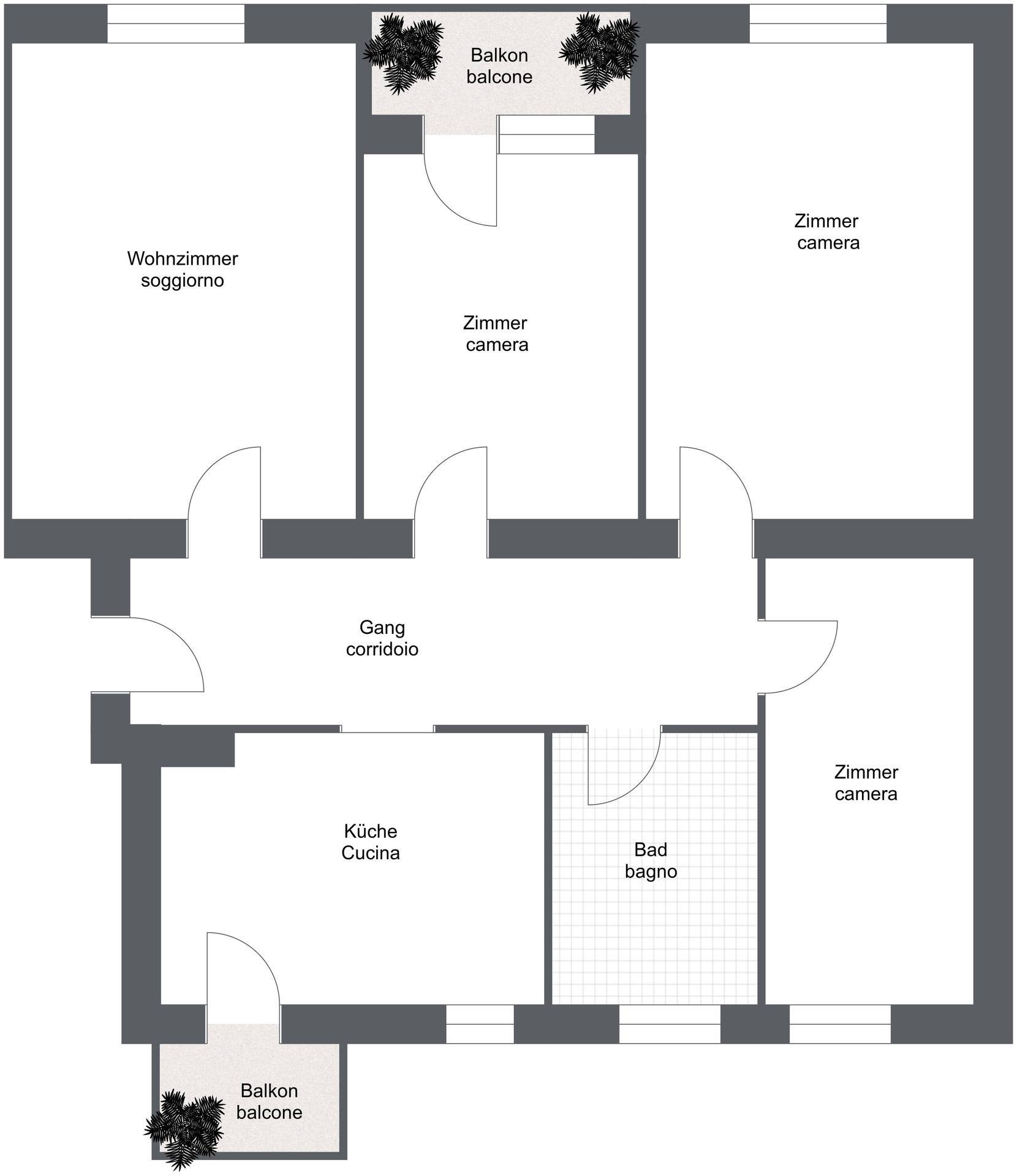 Grundriss der Wohnung mit Wohnzimmer, Küche, Bad und mehreren Zimmern sowie zwei Balkonen.