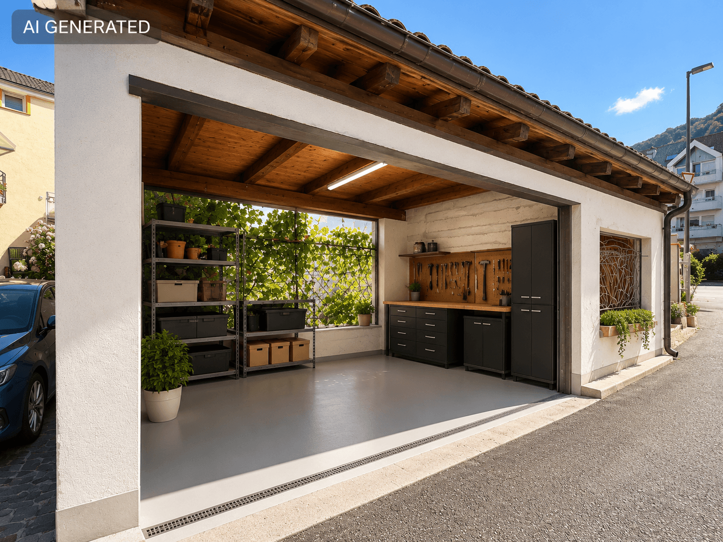 Offene Garage mit Werkstattbereich, Regalen und Blick auf die umliegende Landschaft.