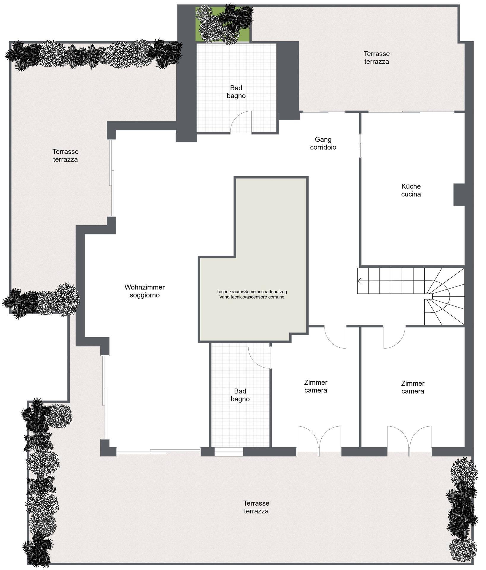 Detaillierter Grundriss mit Wohnzimmer, Küche, zwei Schlafzimmern und mehreren Terrassen.