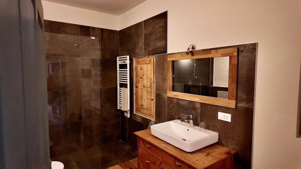 Modernes Badezimmer mit begehbarer Dusche, Einzelwaschbecken und beheiztem Handtuchhalter.