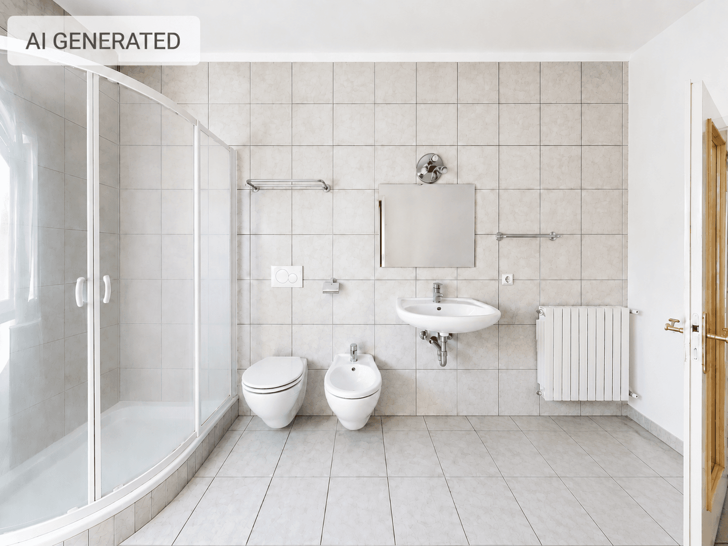 Modernes Badezimmer mit Duschkabine, WC, Bidet und hellen Fliesen an Wänden und Boden.