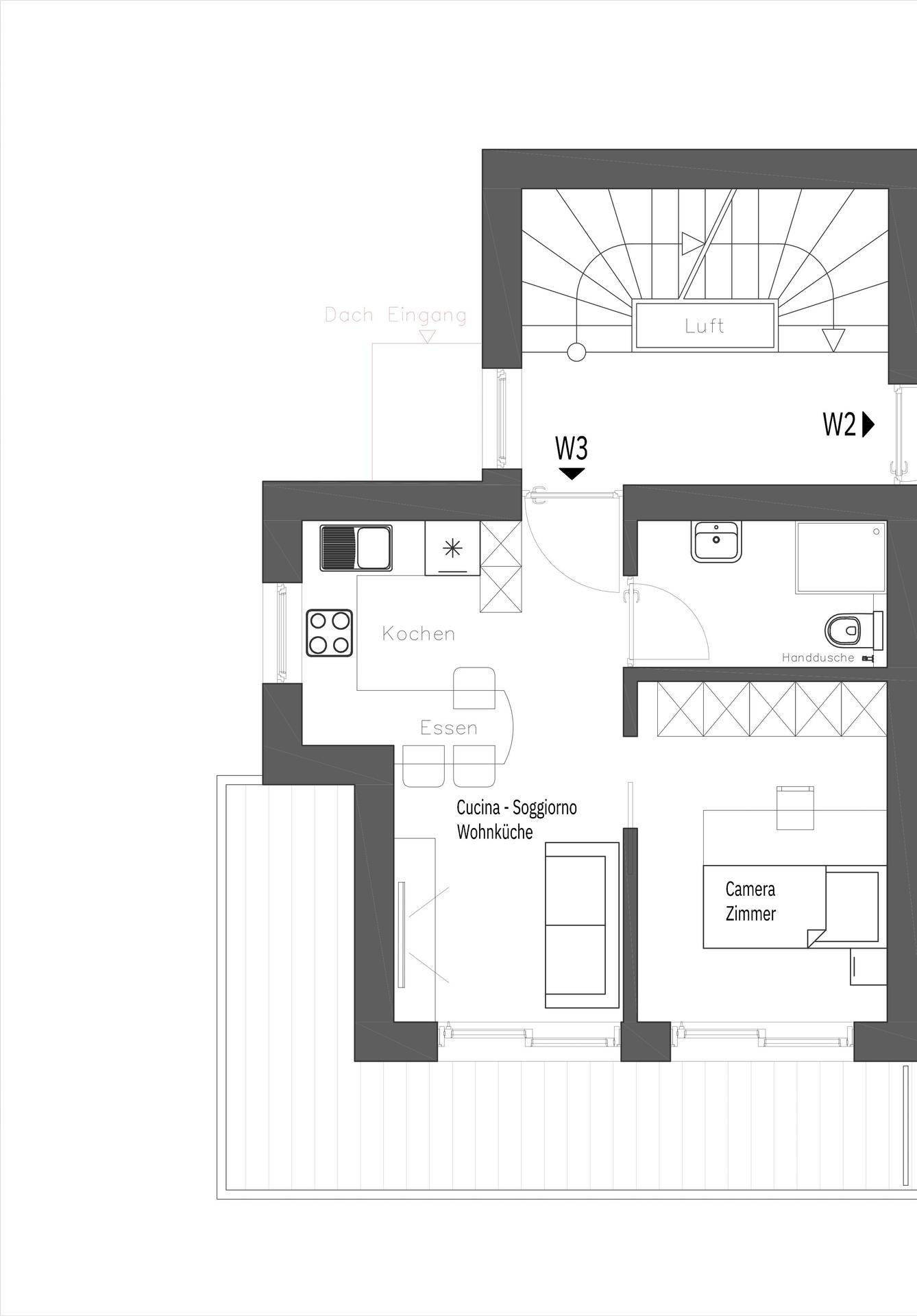 Grundriss einer Wohnung mit offener Wohnküche, Schlafzimmer, Bad und Balkonzugang.