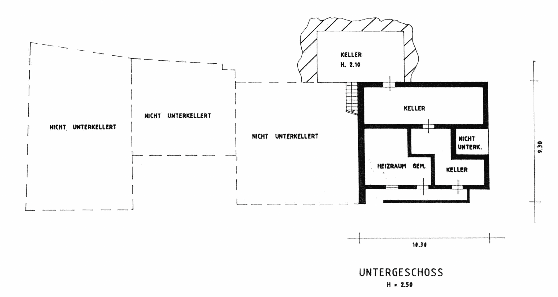 Grundriss des Untergeschosses mit Kellerbereichen und Heizraum.