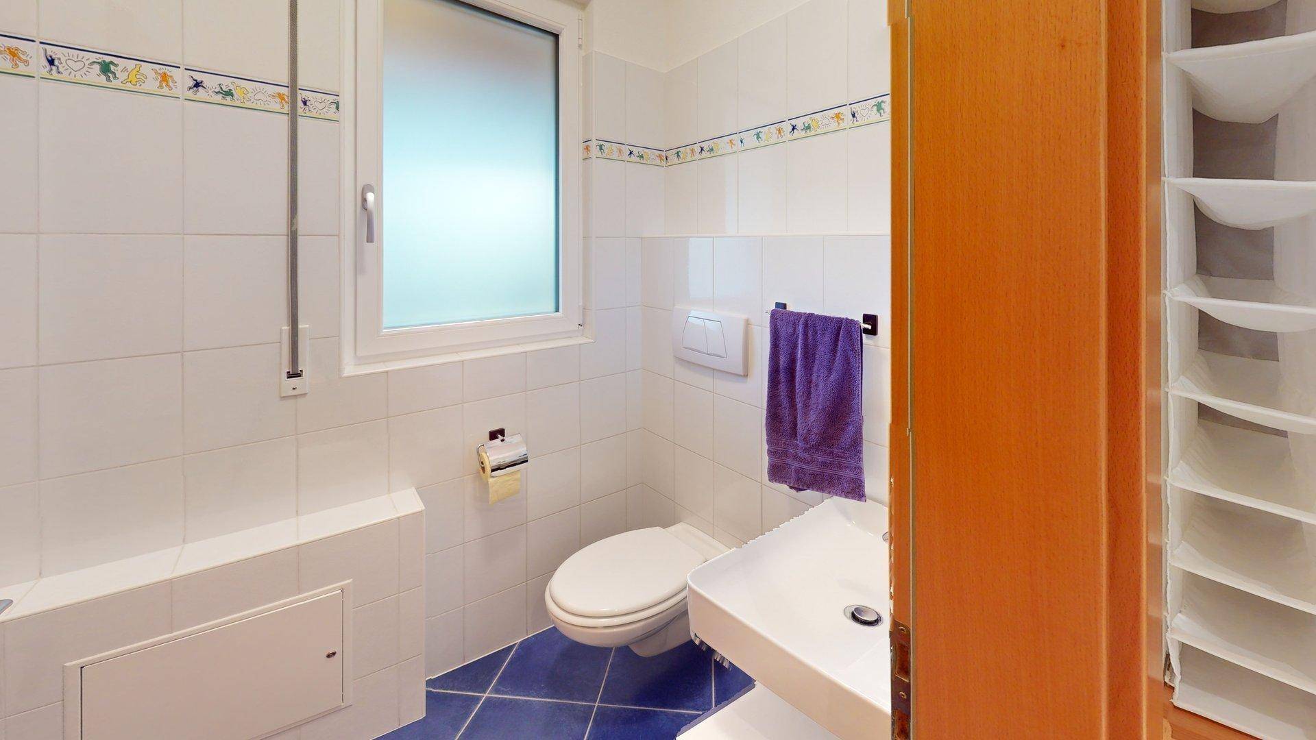 Kleines Badezimmer mit WC, Waschbecken, Fenster und blauen Bodenfliesen.